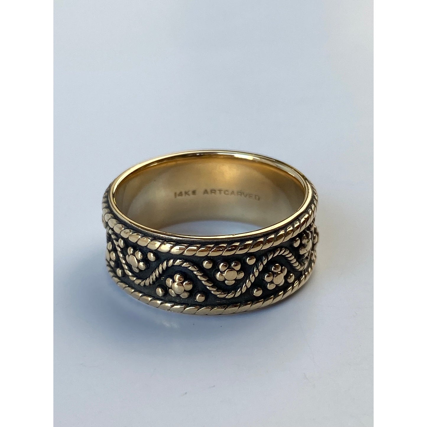 Vintage Solid 14k Yellow Gold Chunky Oxidized Designed Ring Band - Size 10