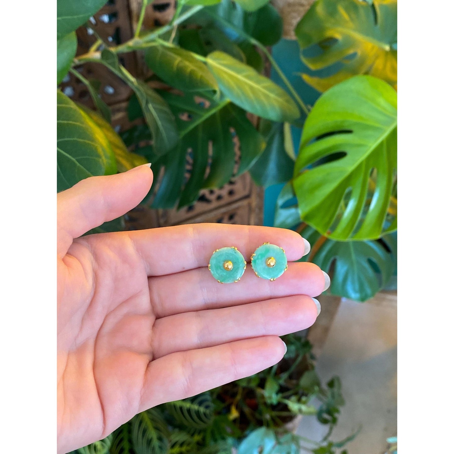 Solid 22k Yellow Gold Jade Stud Earrings