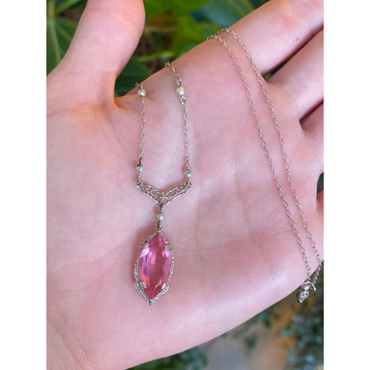 Vintage Solid 10k White Gold Pink Cubic Zirconia Pearls Cable Chain Necklace - 16.25 inches