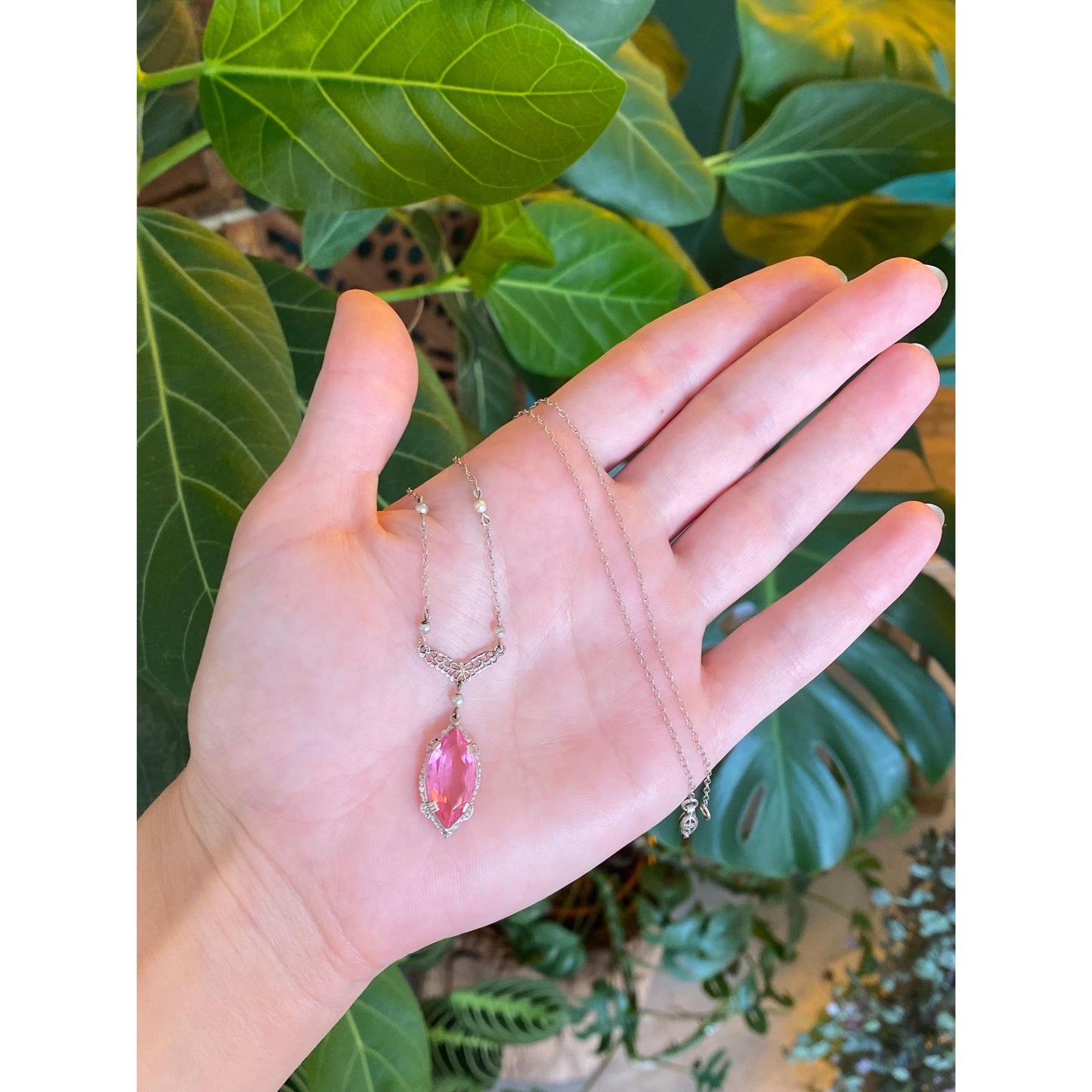 Vintage Solid 10k White Gold Pink Cubic Zirconia Pearls Cable Chain Necklace - 16.25 inches