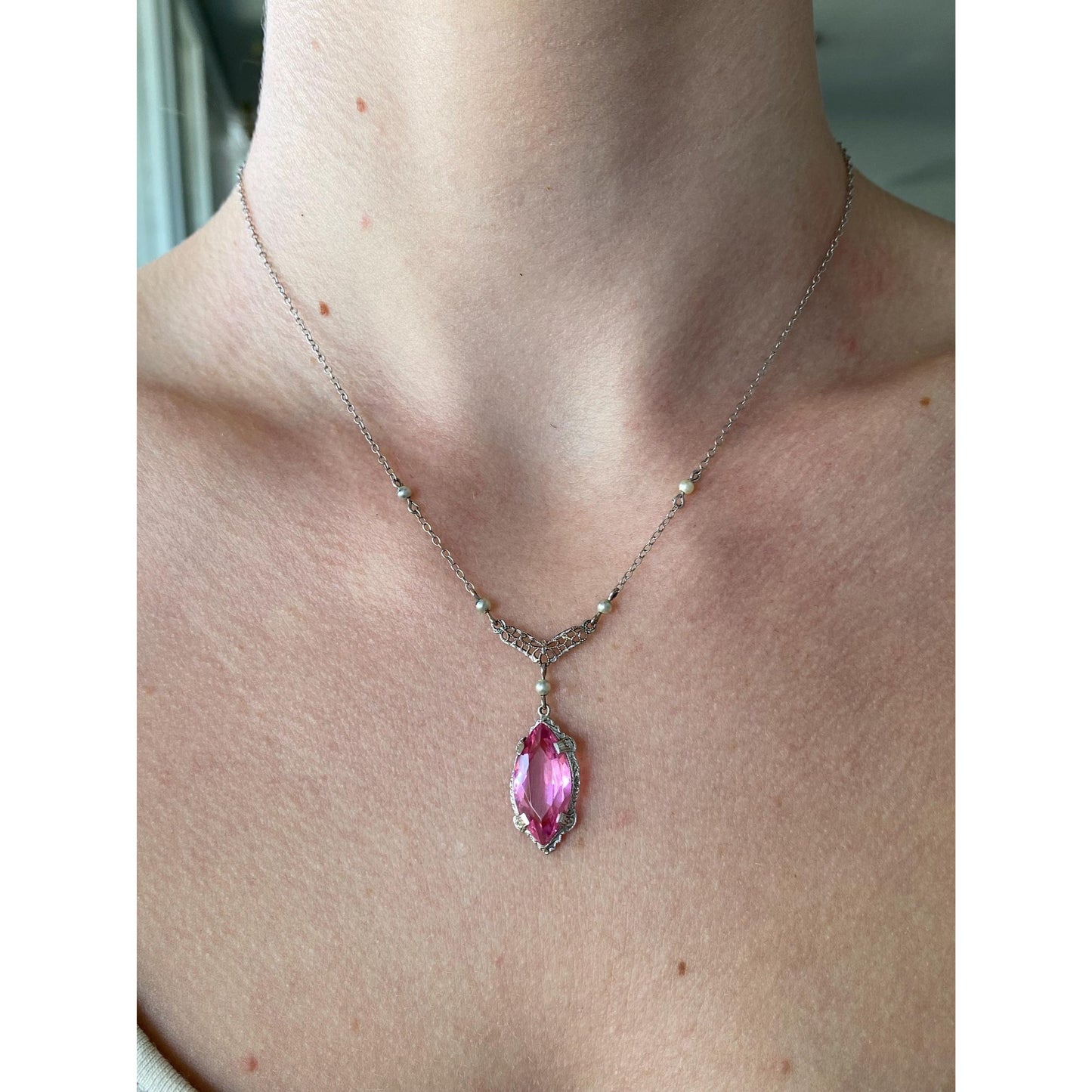 Vintage Solid 10k White Gold Pink Cubic Zirconia Pearls Cable Chain Necklace - 16.25 inches