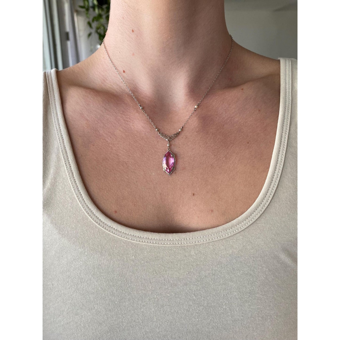 Vintage Solid 10k White Gold Pink Cubic Zirconia Pearls Cable Chain Necklace - 16.25 inches