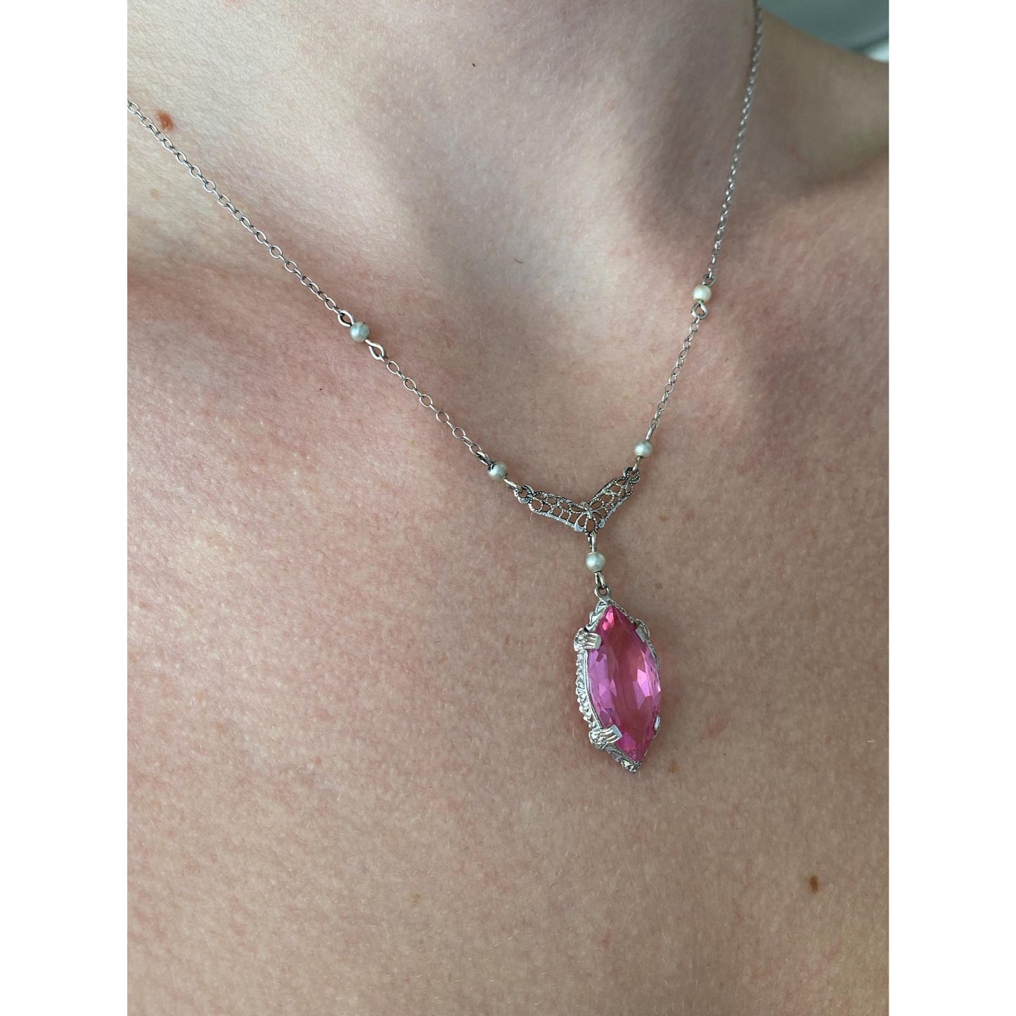 Vintage Solid 10k White Gold Pink Cubic Zirconia Pearls Cable Chain Necklace - 16.25 inches