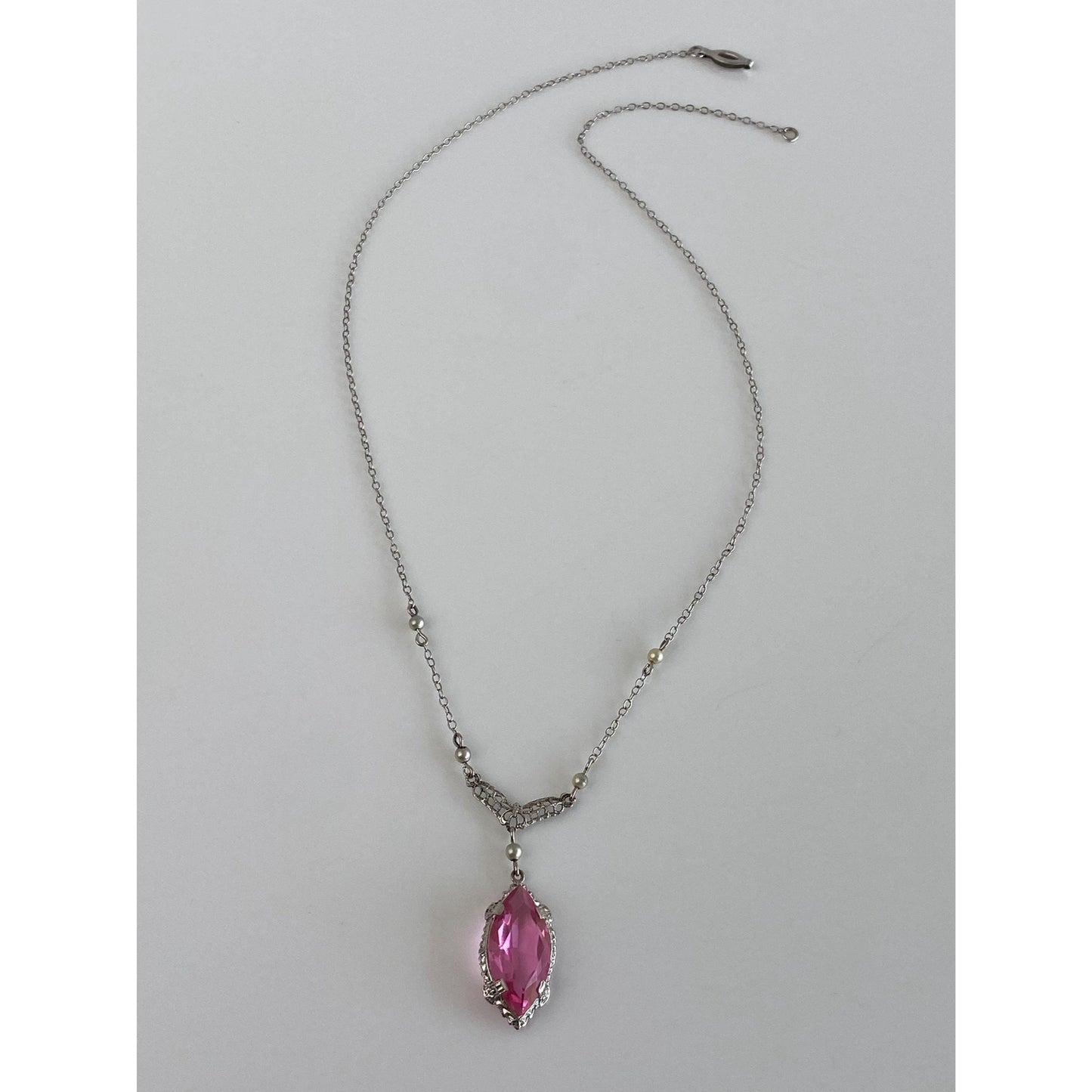 Vintage Solid 10k White Gold Pink Cubic Zirconia Pearls Cable Chain Necklace - 16.25 inches