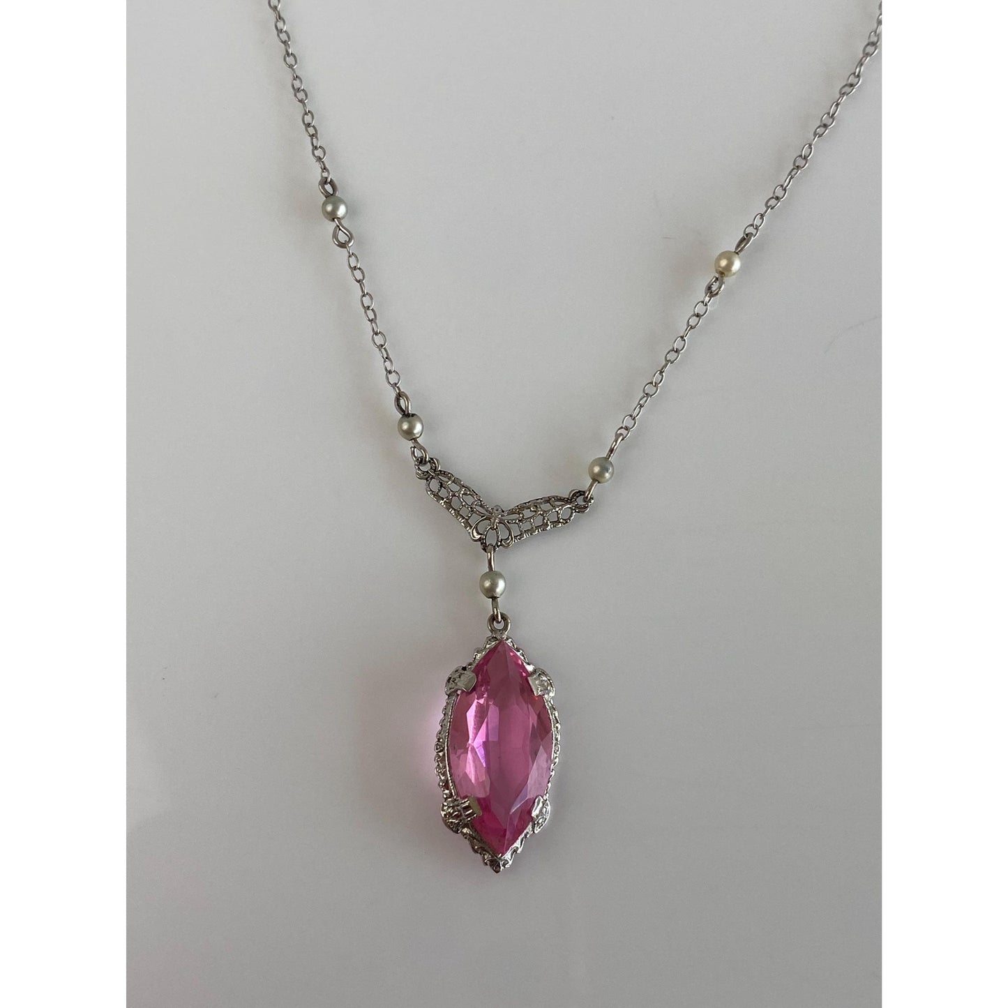 Vintage Solid 10k White Gold Pink Cubic Zirconia Pearls Cable Chain Necklace - 16.25 inches