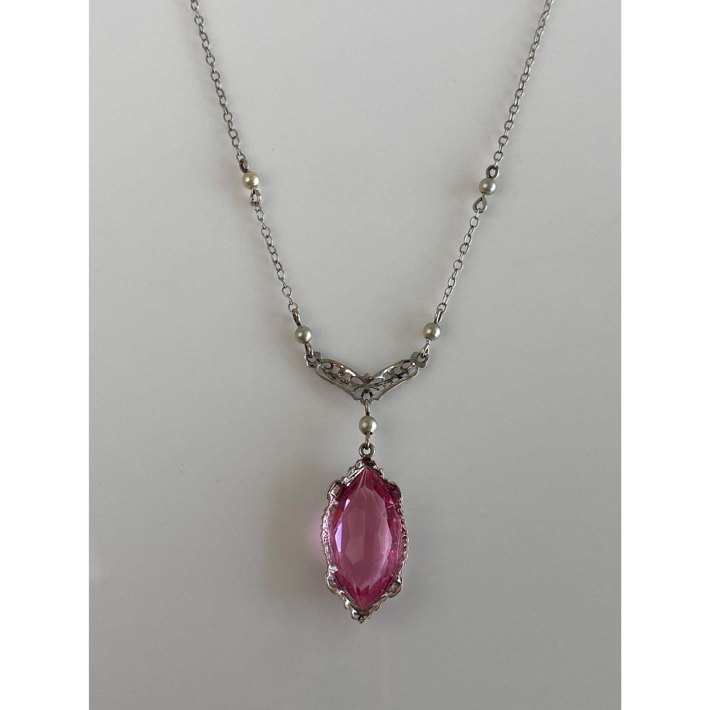 Vintage Solid 10k White Gold Pink Cubic Zirconia Pearls Cable Chain Necklace - 16.25 inches