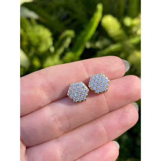 Solid 10k Yellow Gold Cubic Zirconia Cluster Hexagon Stud Earrings