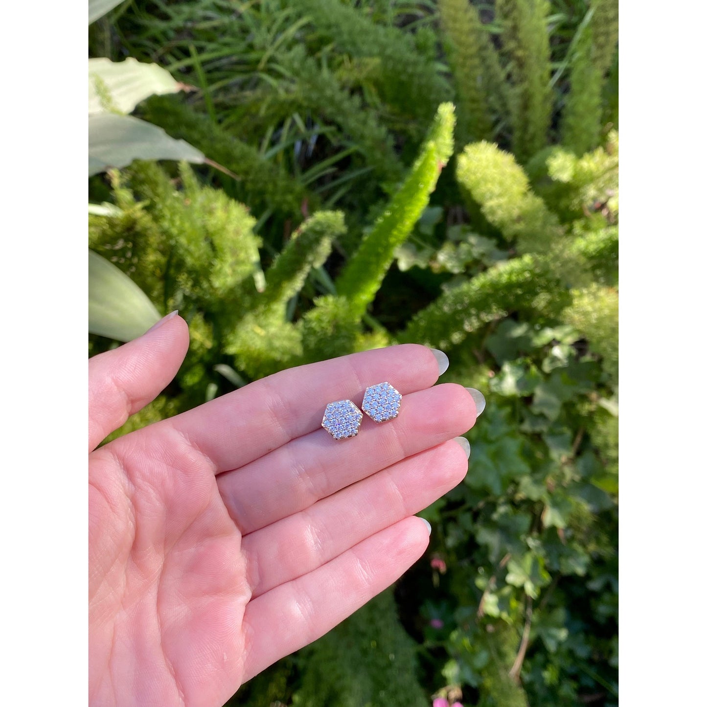 Solid 10k Yellow Gold Cubic Zirconia Cluster Hexagon Stud Earrings