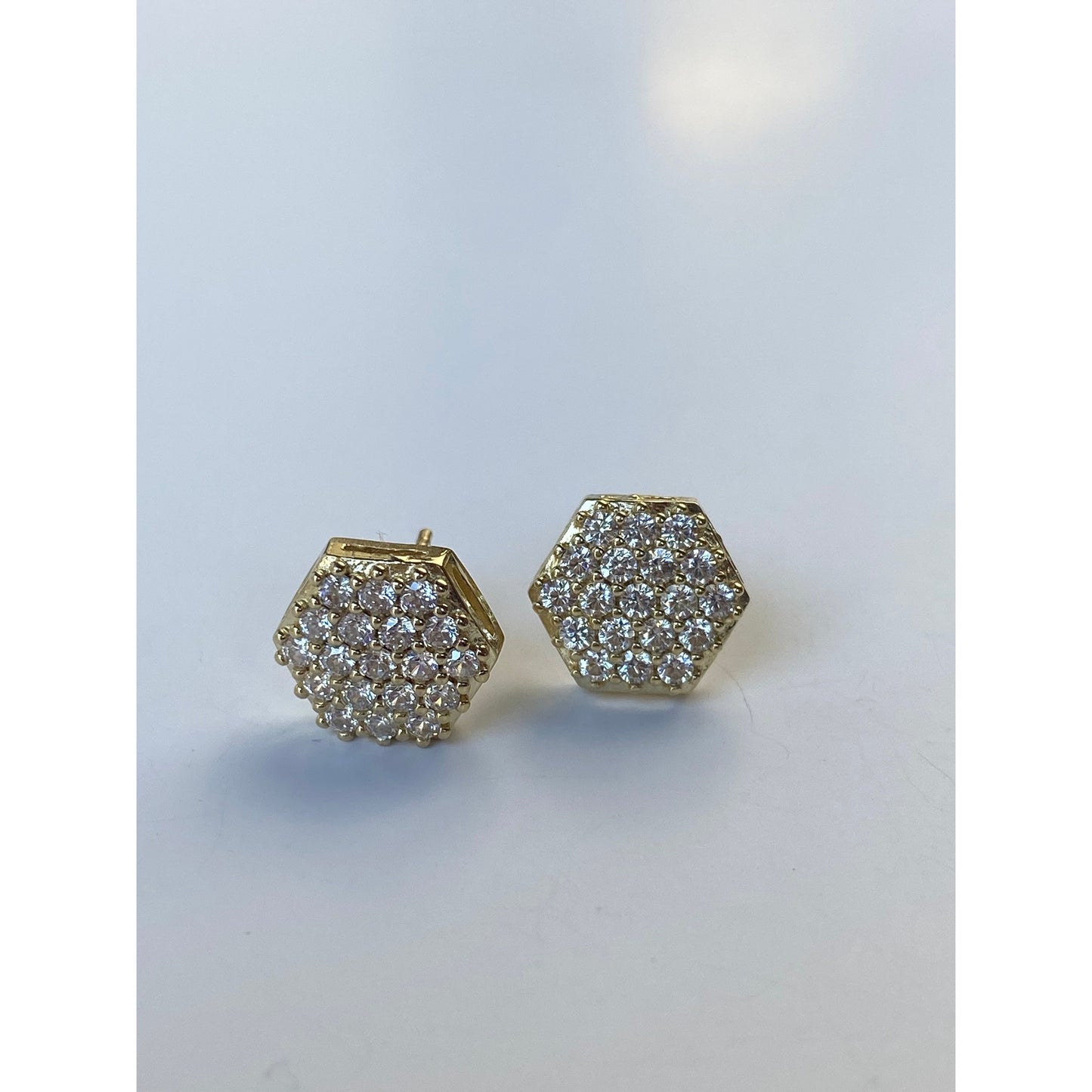 Solid 10k Yellow Gold Cubic Zirconia Cluster Hexagon Stud Earrings
