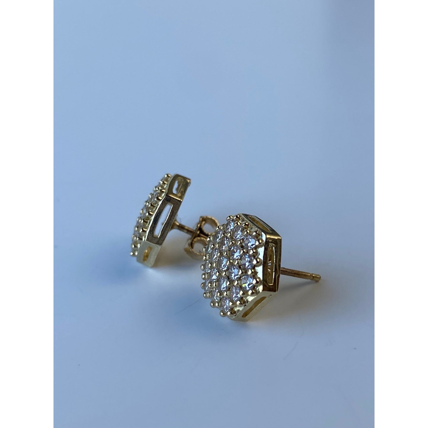 Solid 10k Yellow Gold Cubic Zirconia Cluster Hexagon Stud Earrings