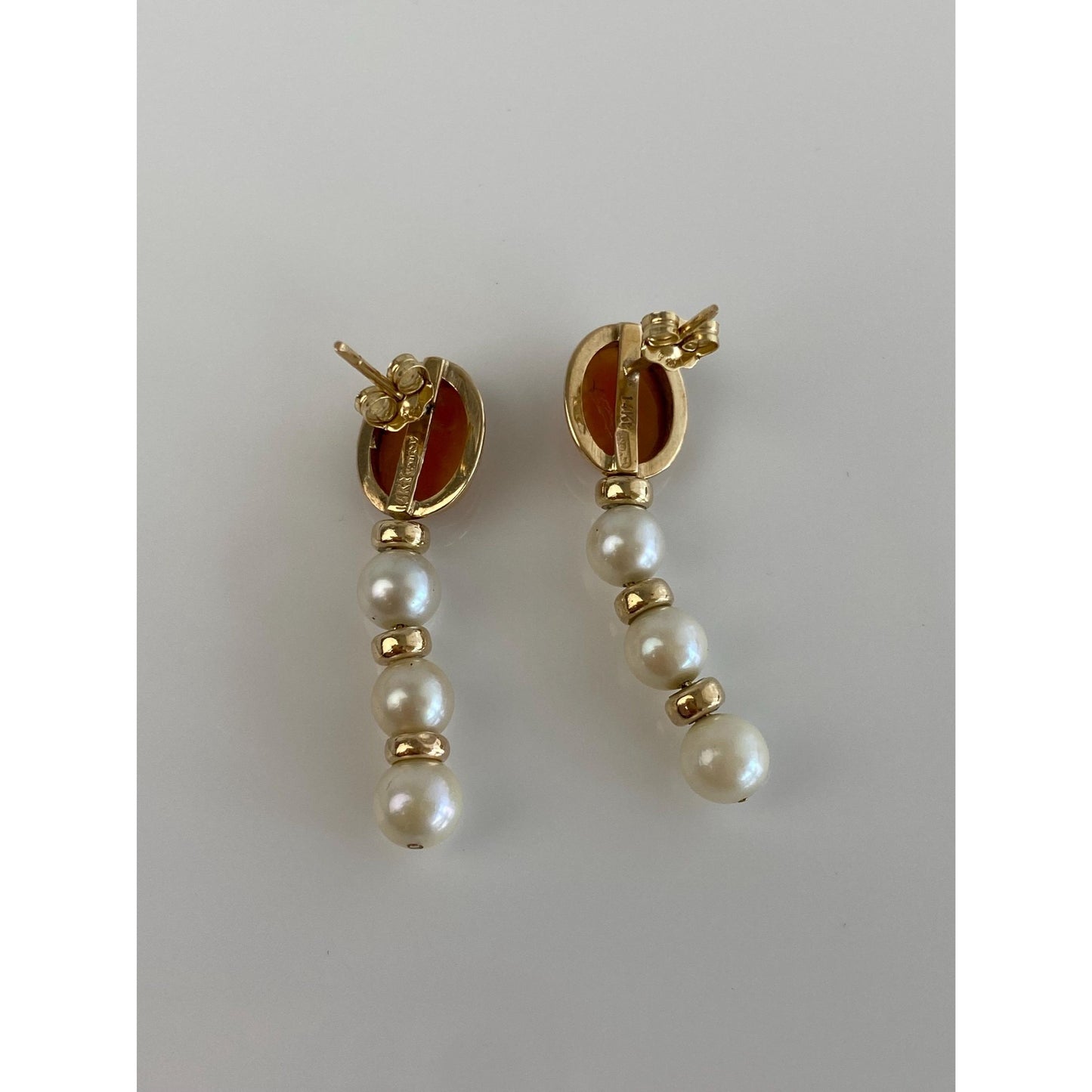 Vintage Solid 14k Yellow Gold Cameo Pearl Drop Stud Earrings
