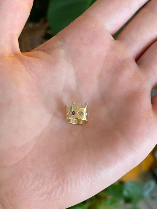 Vintage Solid 14k Yellow Gold Pink Spinel Diamonds Crown Charm