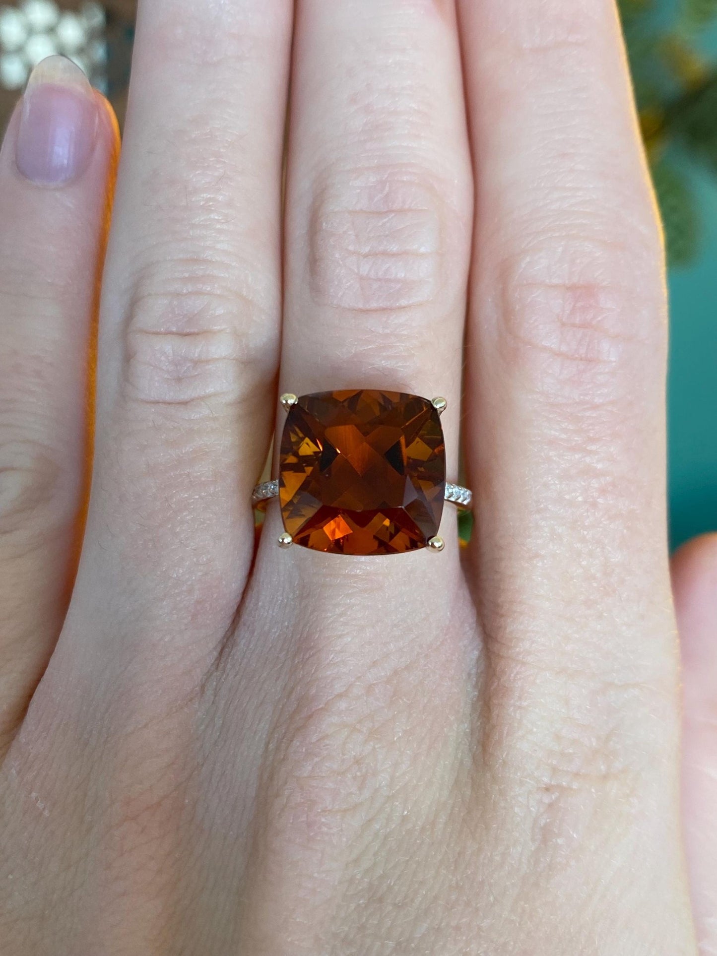 Vintage Solid 10k Yellow Gold Citrine Diamond Ring - Size 7