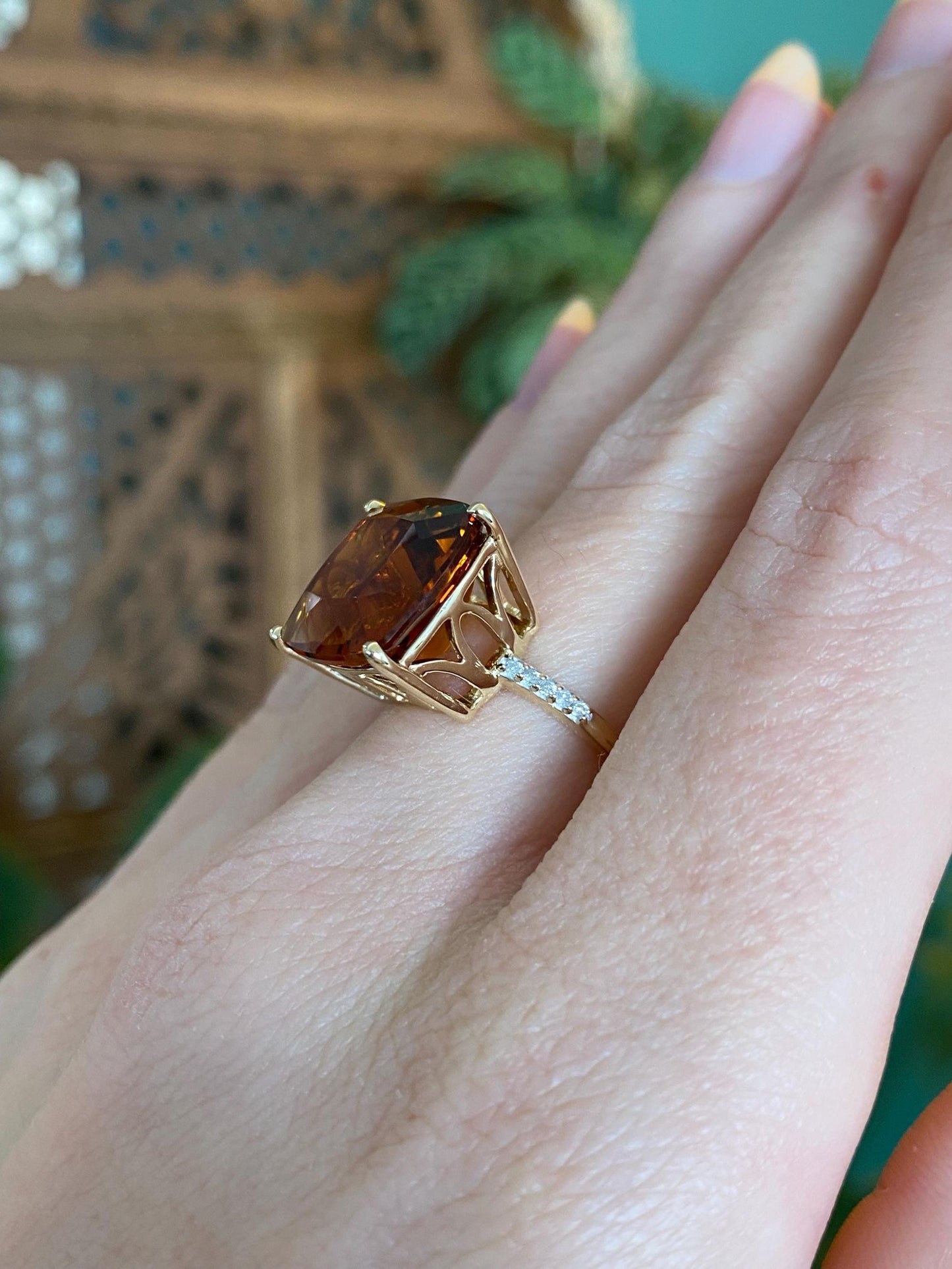 Vintage Solid 10k Yellow Gold Citrine Diamond Ring - Size 7