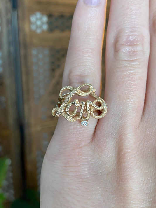 Vintage Solid 14k Yellow Gold Diamond Love Ring - Size 4
