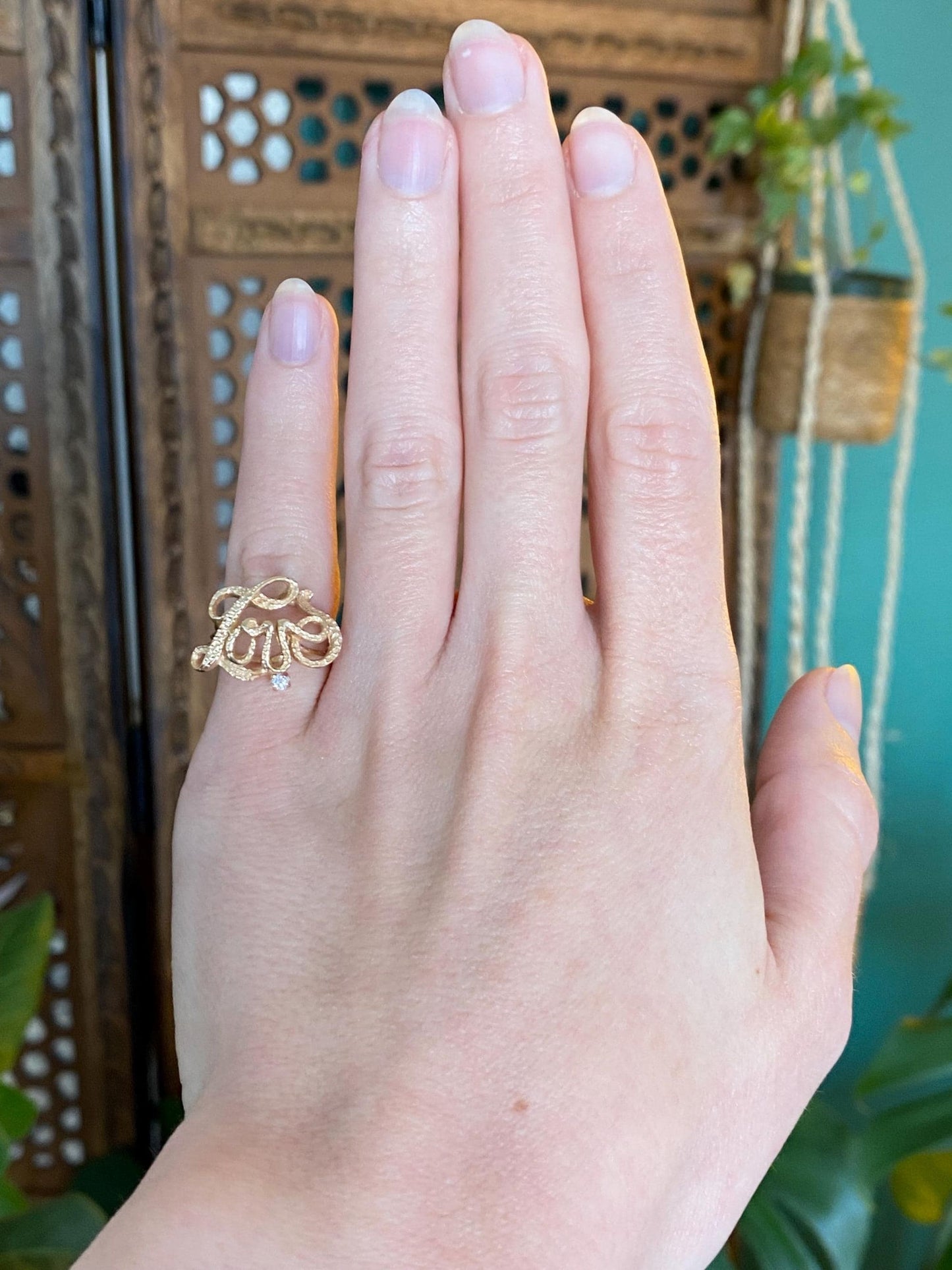 Vintage Solid 14k Yellow Gold Diamond Love Ring - Size 4