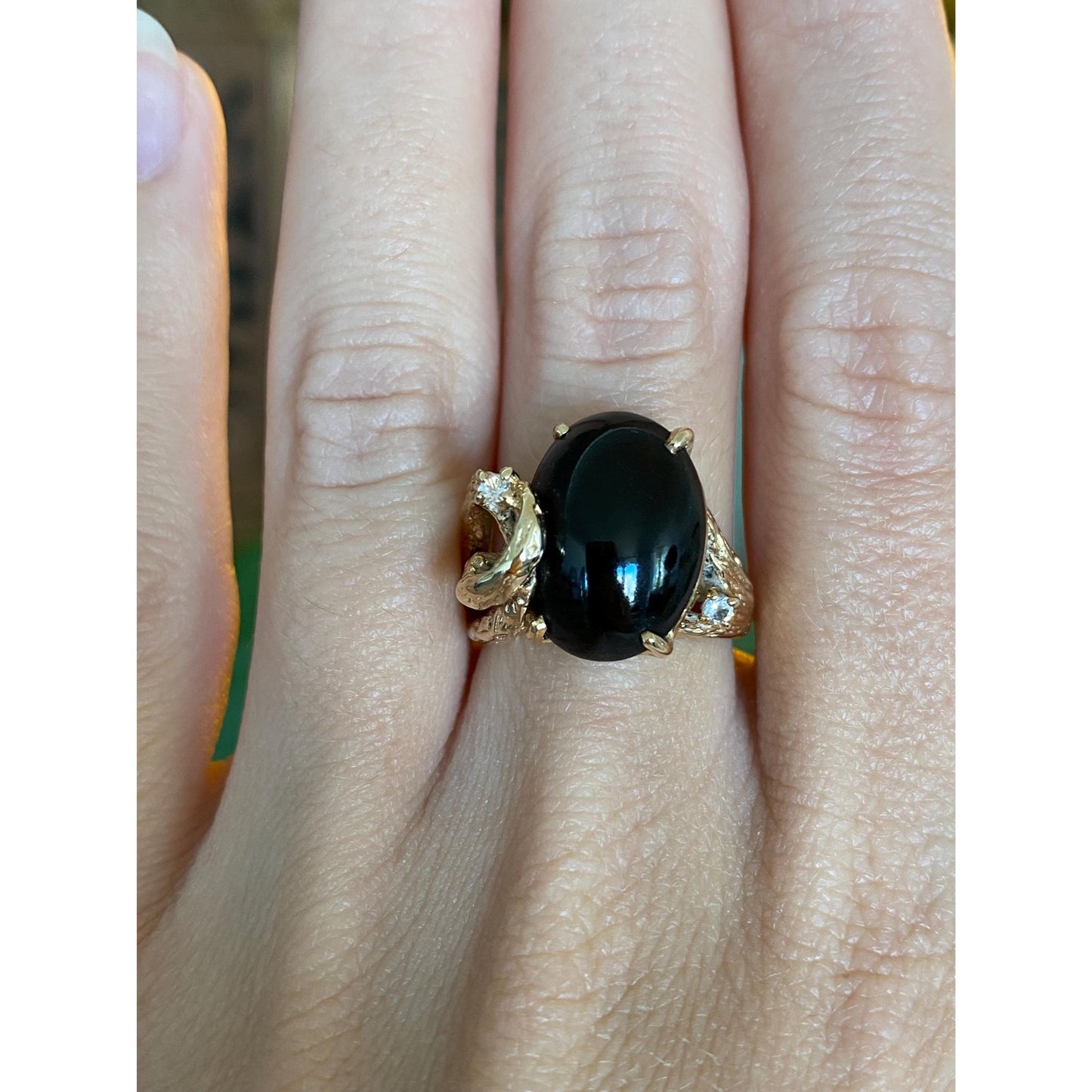 Vintage Solid 14k Yellow Gold Black Resin & Clear Quartz Ring - Size 6.75