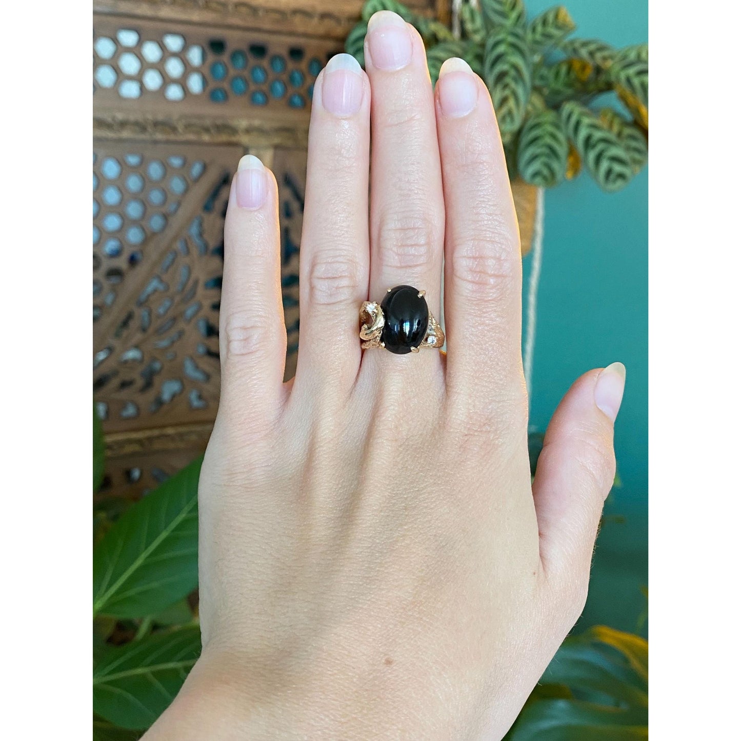 Vintage Solid 14k Yellow Gold Black Resin & Clear Quartz Ring - Size 6.75