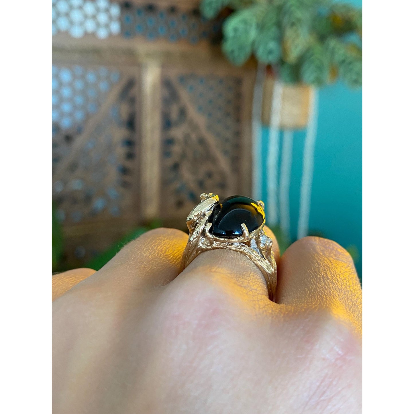 Vintage Solid 14k Yellow Gold Black Resin & Clear Quartz Ring - Size 6.75