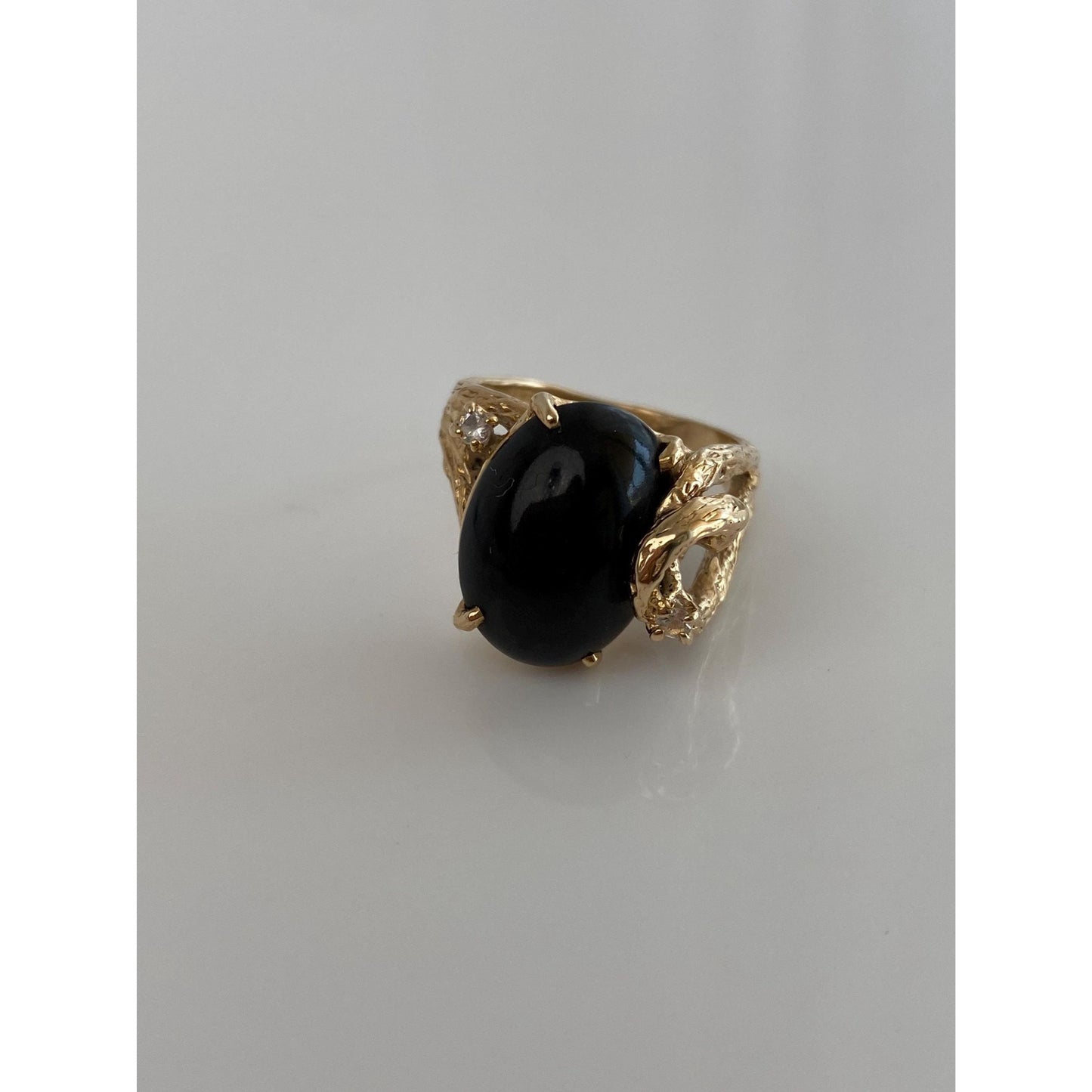 Vintage Solid 14k Yellow Gold Black Resin & Clear Quartz Ring - Size 6.75