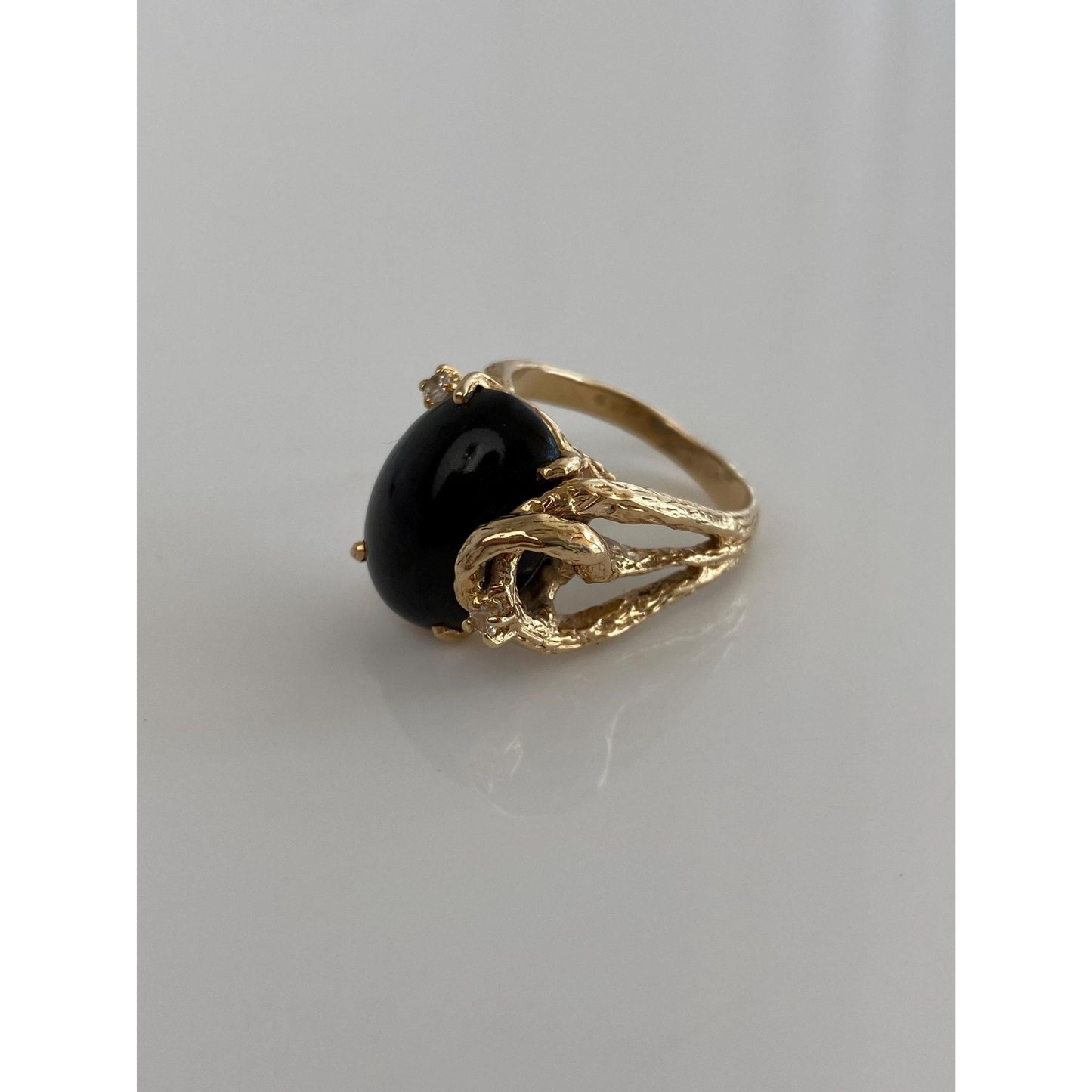 Vintage Solid 14k Yellow Gold Black Resin & Clear Quartz Ring - Size 6.75