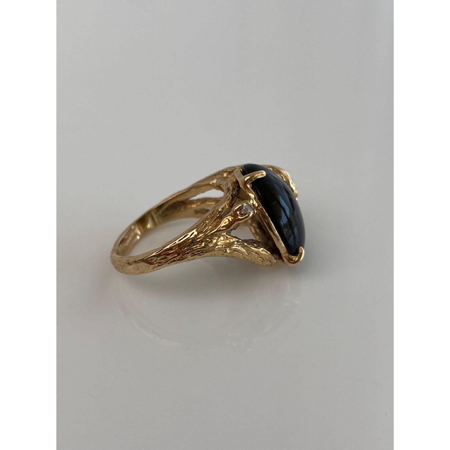 Vintage Solid 14k Yellow Gold Black Resin & Clear Quartz Ring - Size 6.75