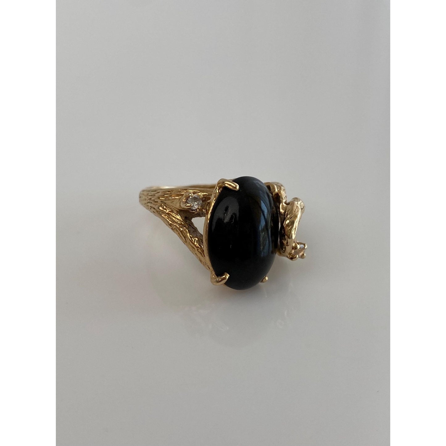 Vintage Solid 14k Yellow Gold Black Resin & Clear Quartz Ring - Size 6.75