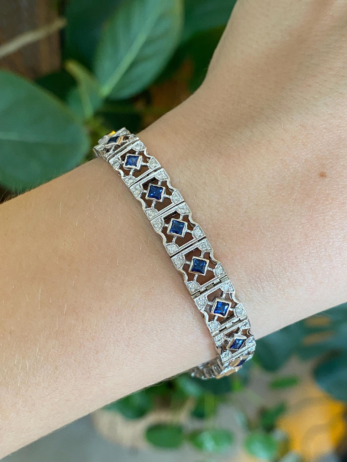 Vintage Solid 14k White Gold Diamond Blue Sapphire Open Work Link Bracelet - 7.25 Inches