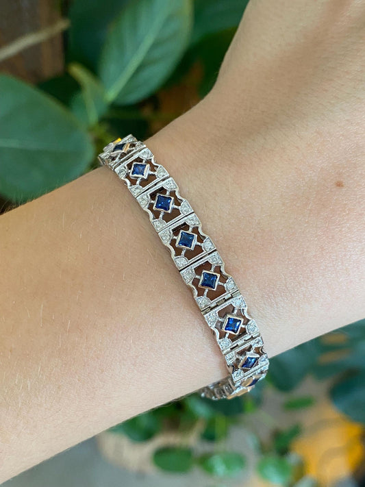 Vintage Solid 14k White Gold Diamond Blue Sapphire Open Work Link Bracelet - 7.25 Inches