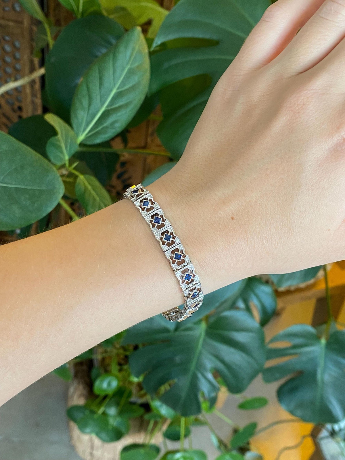 Vintage Solid 14k White Gold Diamond Blue Sapphire Open Work Link Bracelet - 7.25 Inches