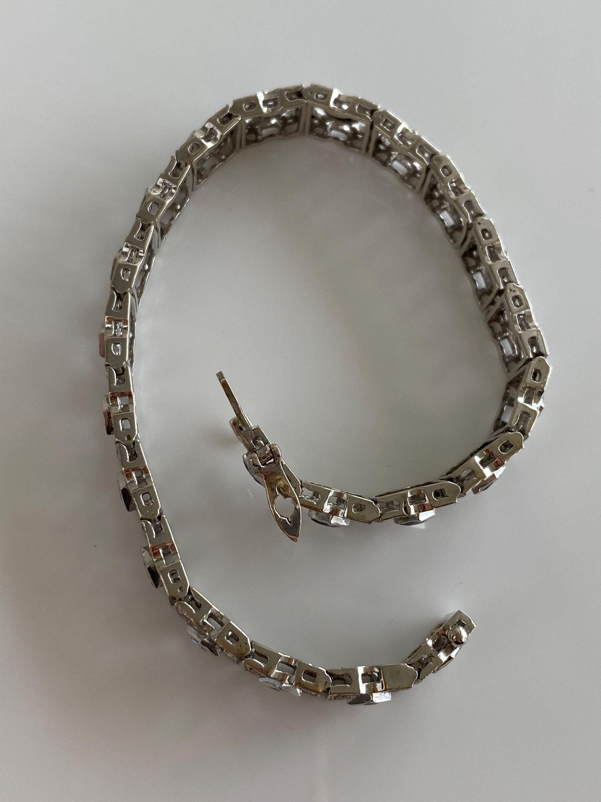 Vintage Solid 14k White Gold Diamond Blue Sapphire Open Work Link Bracelet - 7.25 Inches
