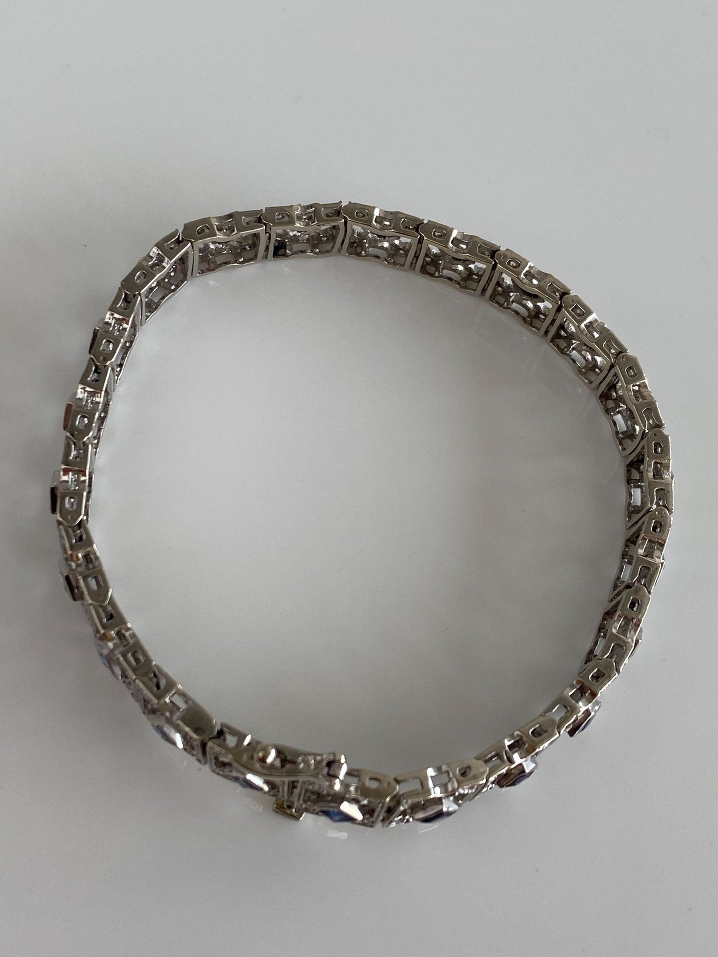 Vintage Solid 14k White Gold Diamond Blue Sapphire Open Work Link Bracelet - 7.25 Inches