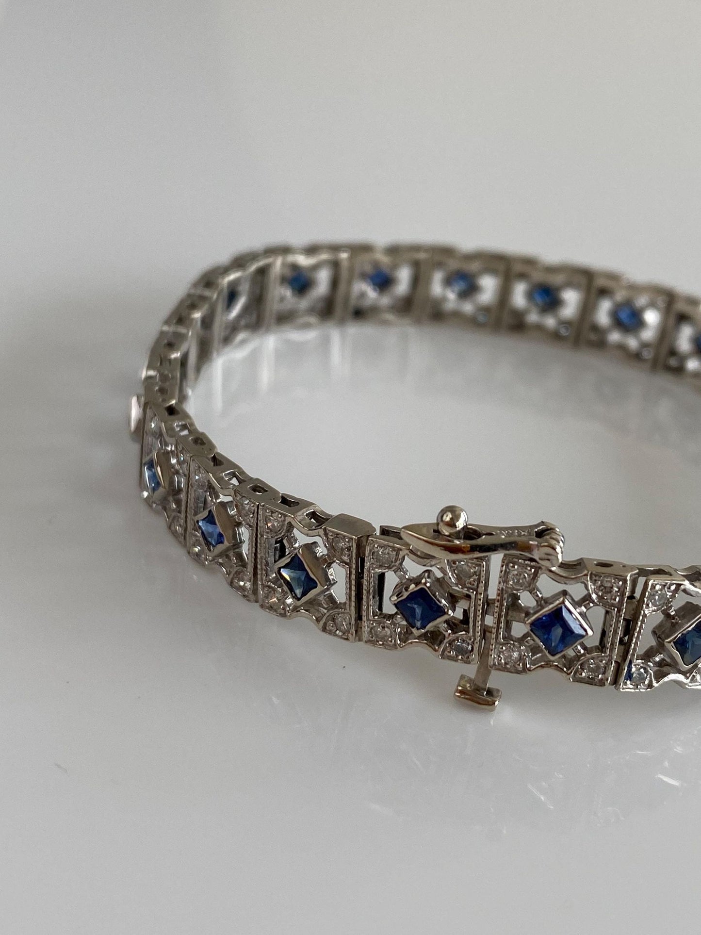 Vintage Solid 14k White Gold Diamond Blue Sapphire Open Work Link Bracelet - 7.25 Inches