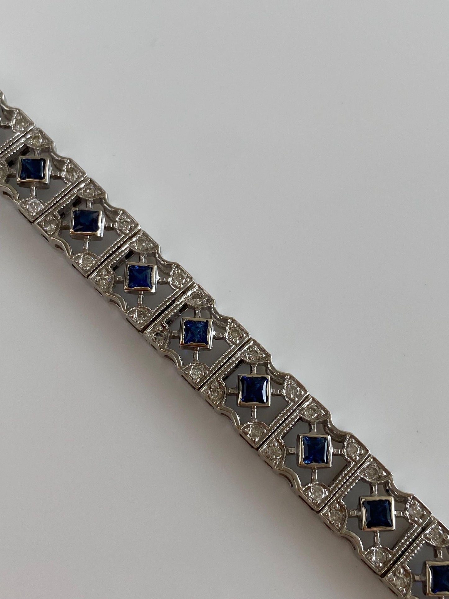 Vintage Solid 14k White Gold Diamond Blue Sapphire Open Work Link Bracelet - 7.25 Inches