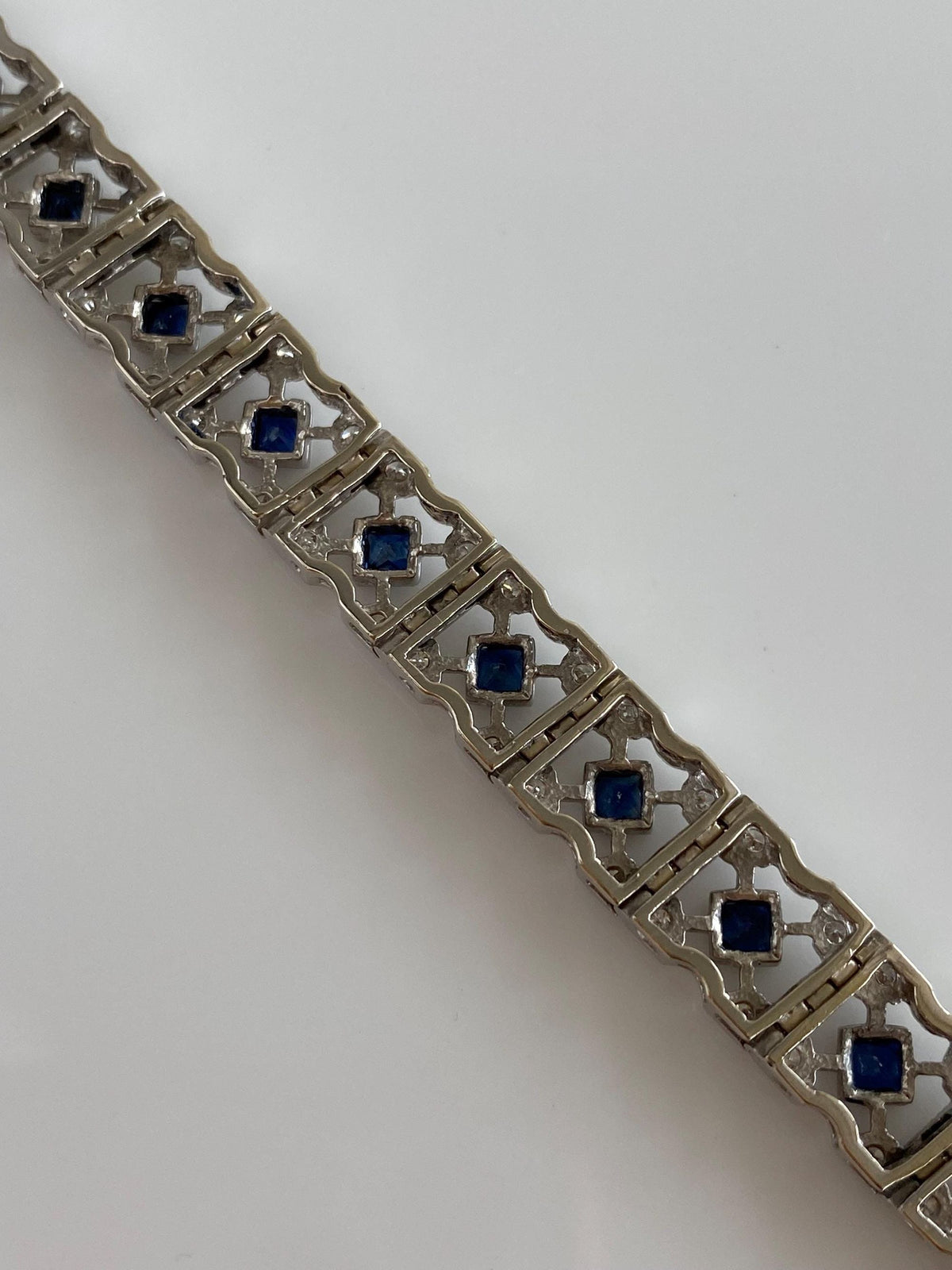 Vintage Solid 14k White Gold Diamond Blue Sapphire Open Work Link Bracelet - 7.25 Inches