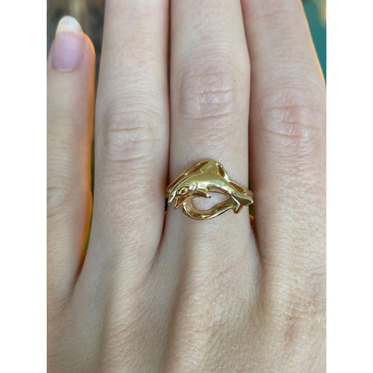 Vintage Solid 14k Yellow Gold Dolphin Ring - Size 7