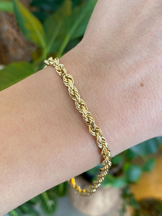 Vintage Solid 14k Yellow Gold Rope Chain Bracelet - 8.25 inches