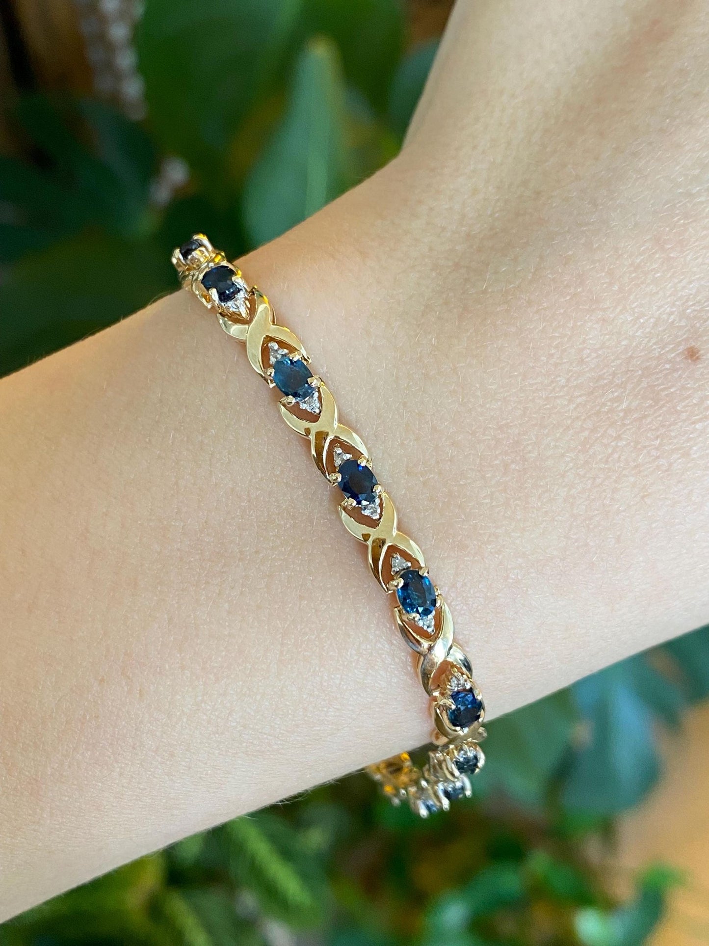 Solid 14k White & Yellow Gold Diamond Blue Sapphire Link Bracelet - 7 inches
