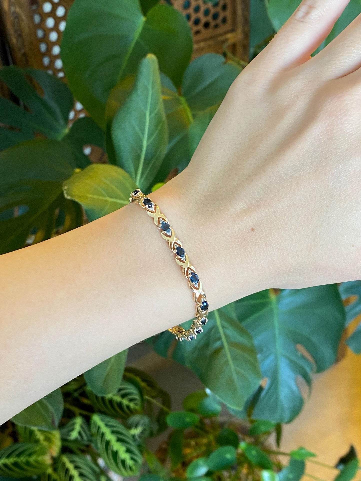 Solid 14k White & Yellow Gold Diamond Blue Sapphire Link Bracelet - 7 inches