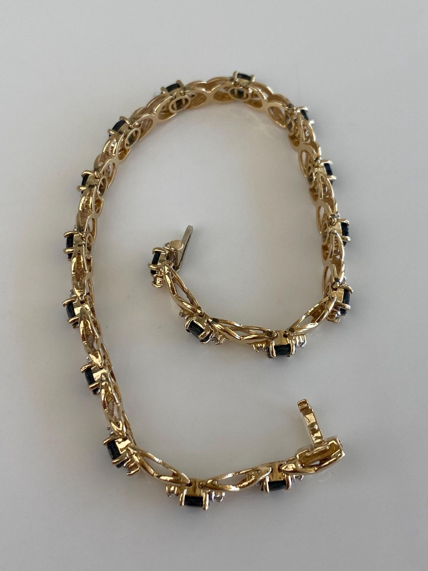 Solid 14k White & Yellow Gold Diamond Blue Sapphire Link Bracelet - 7 inches
