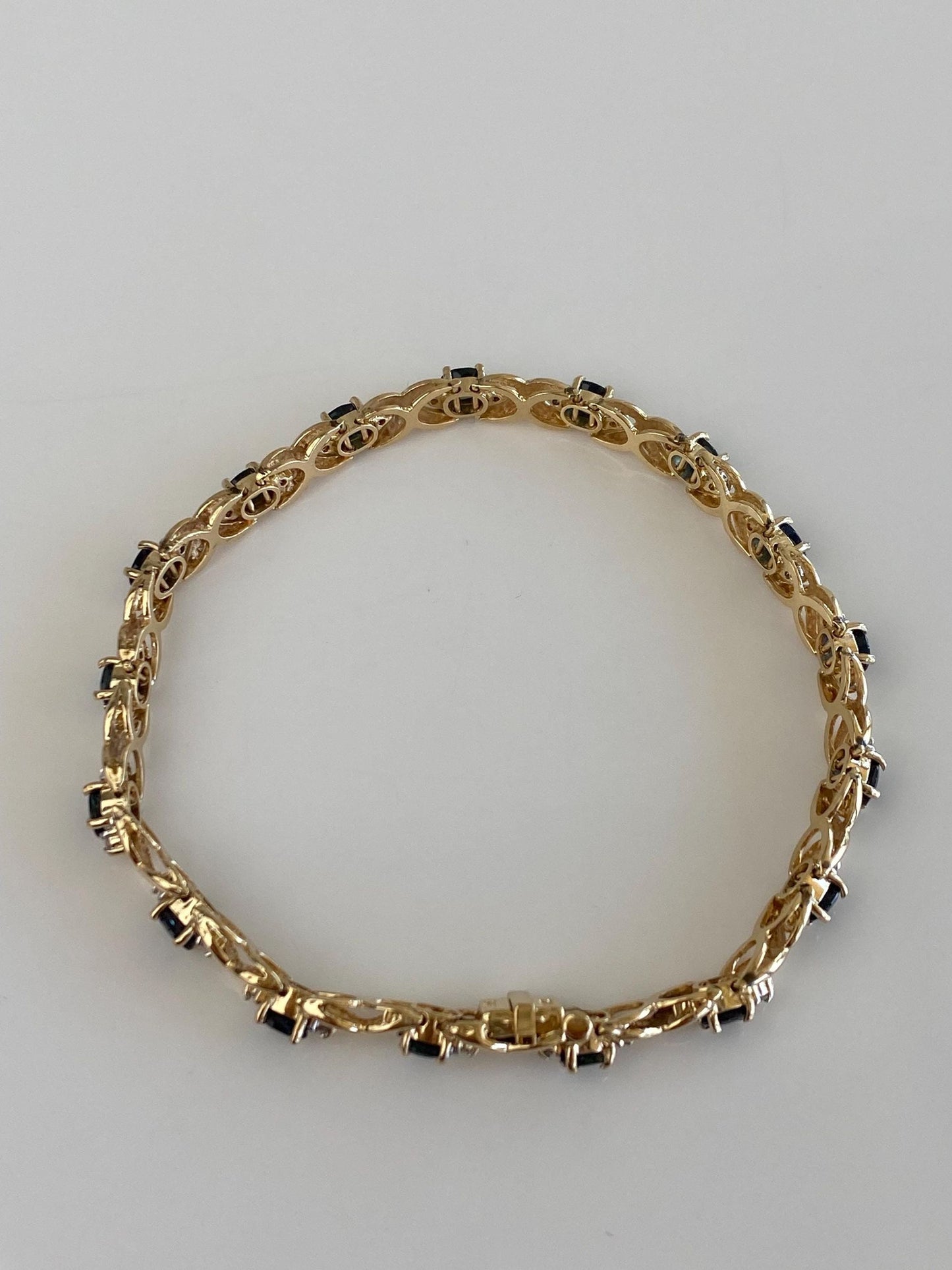 Solid 14k White & Yellow Gold Diamond Blue Sapphire Link Bracelet - 7 inches