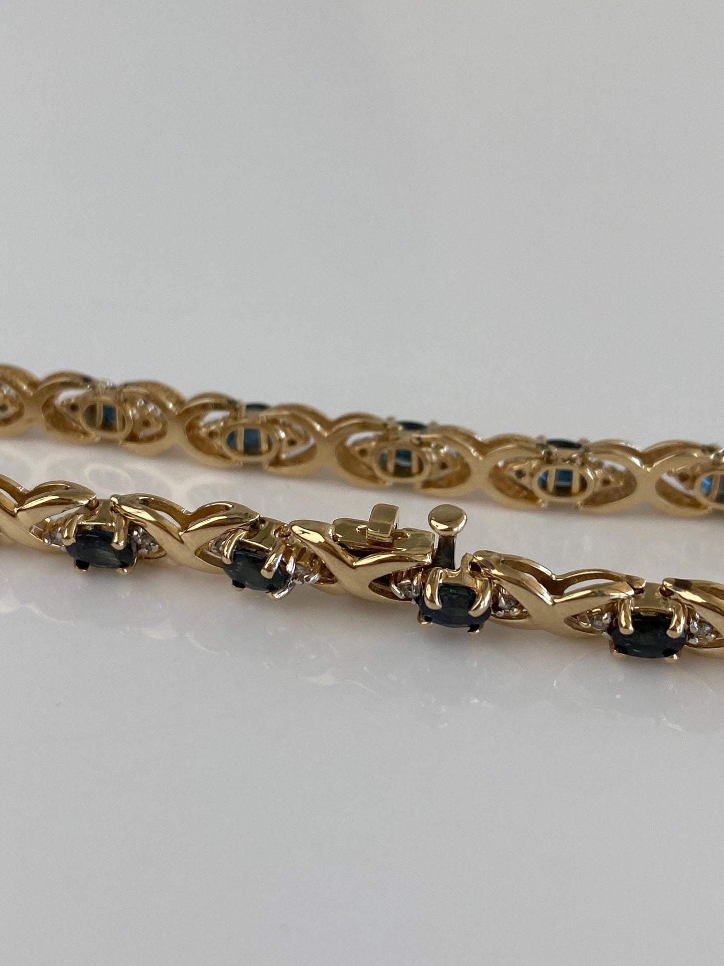 Solid 14k White & Yellow Gold Diamond Blue Sapphire Link Bracelet - 7 inches