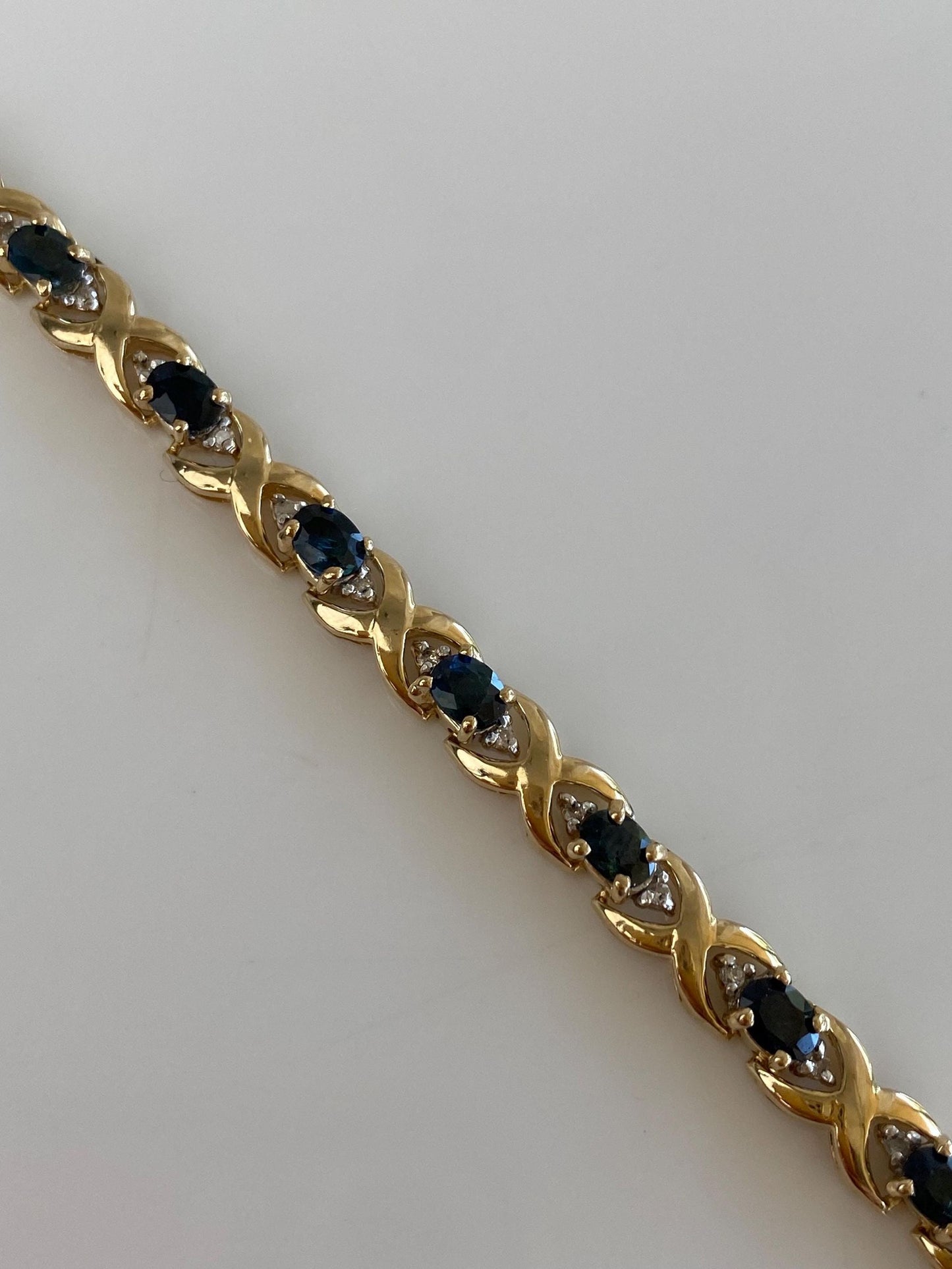 Solid 14k White & Yellow Gold Diamond Blue Sapphire Link Bracelet - 7 inches