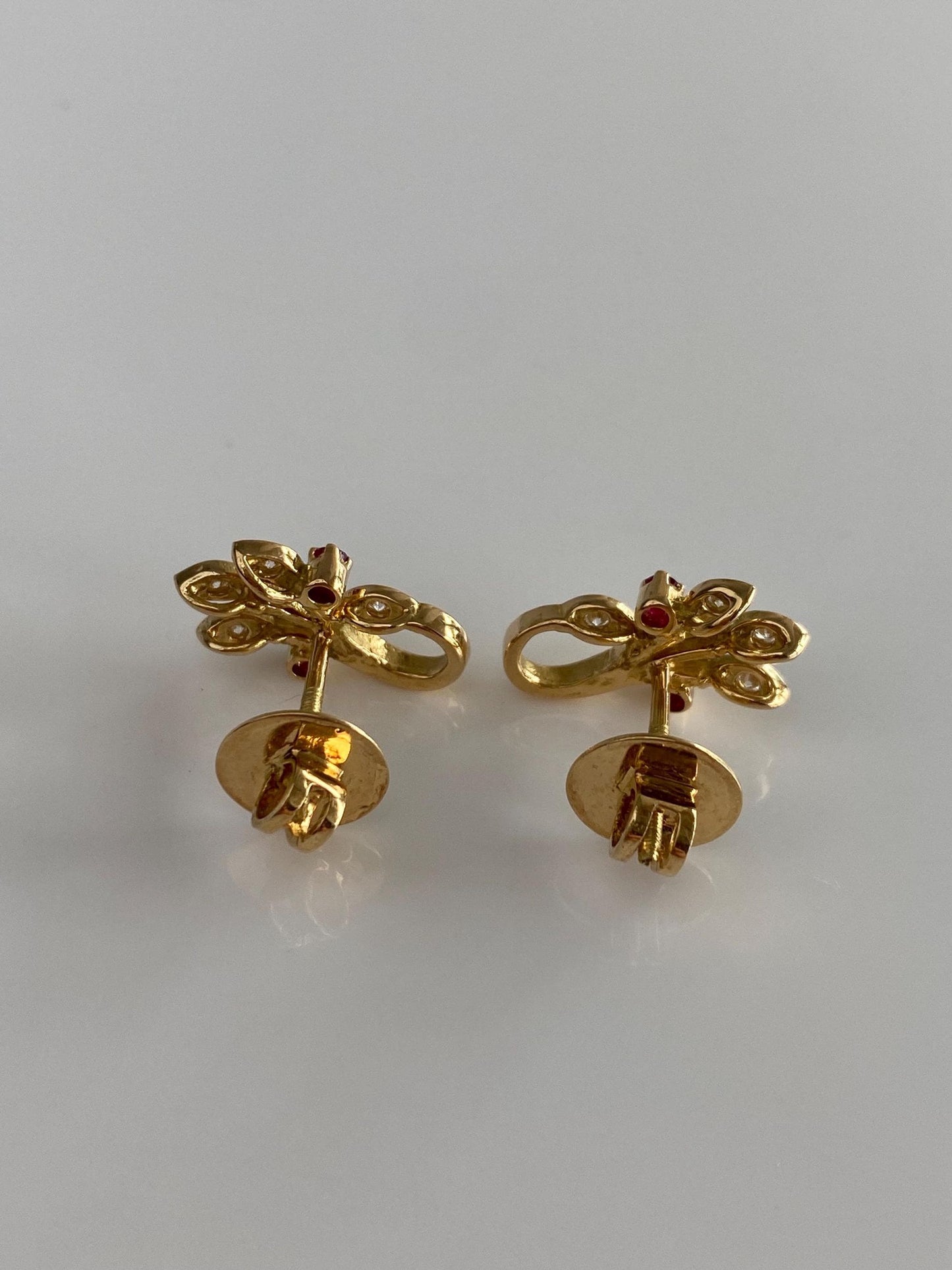 Vintage Solid 18k Yellow Gold Ruby Diamond Floral Drop Earrings