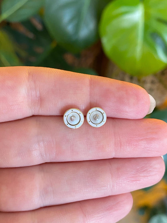 Vintage Solid 14k Yellow Gold White Enamel Mother of Pearl Diamond Tie Tack Conversion Stud Earrings