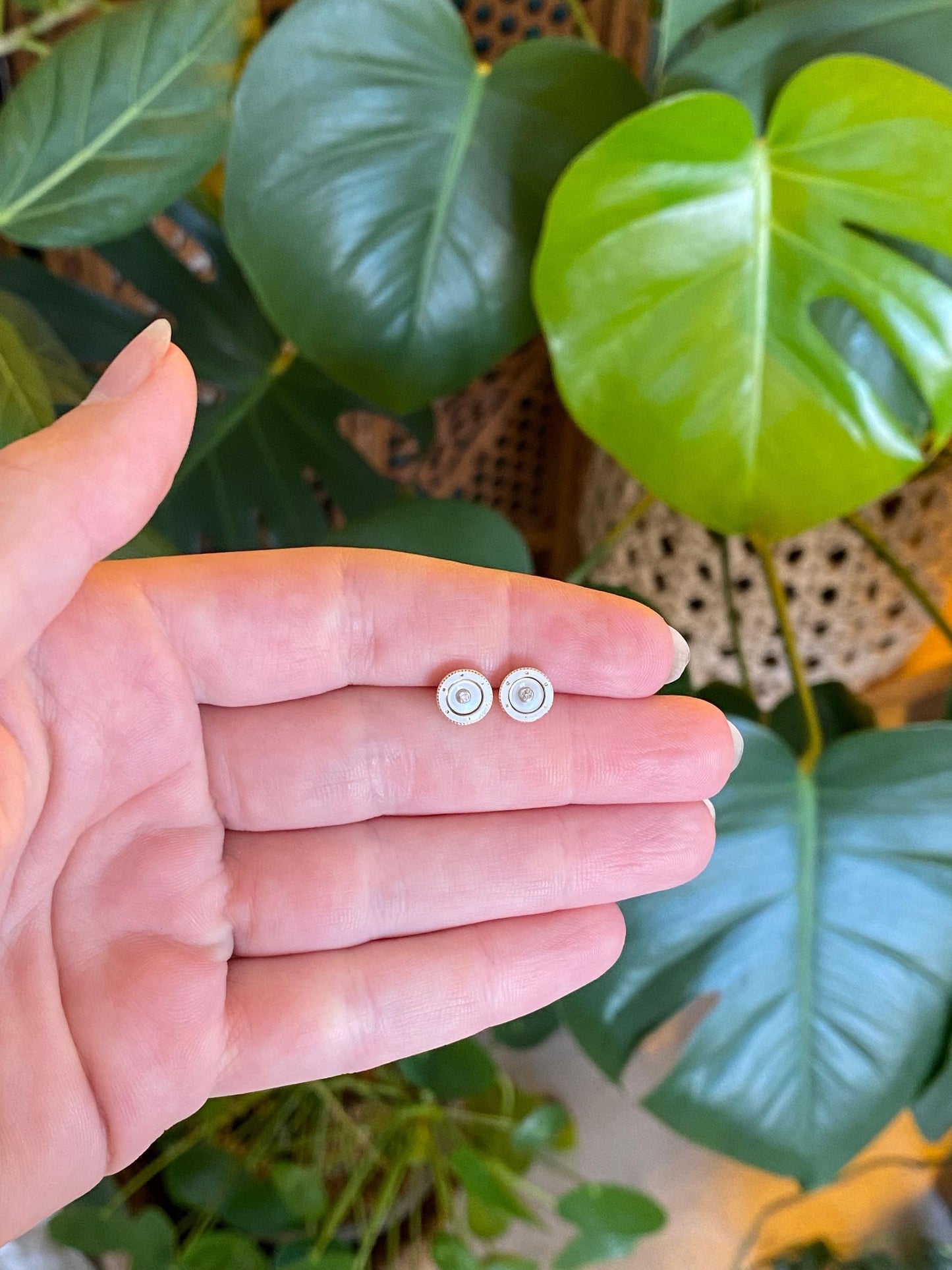 Vintage Solid 14k Yellow Gold White Enamel Mother of Pearl Diamond Tie Tack Conversion Stud Earrings