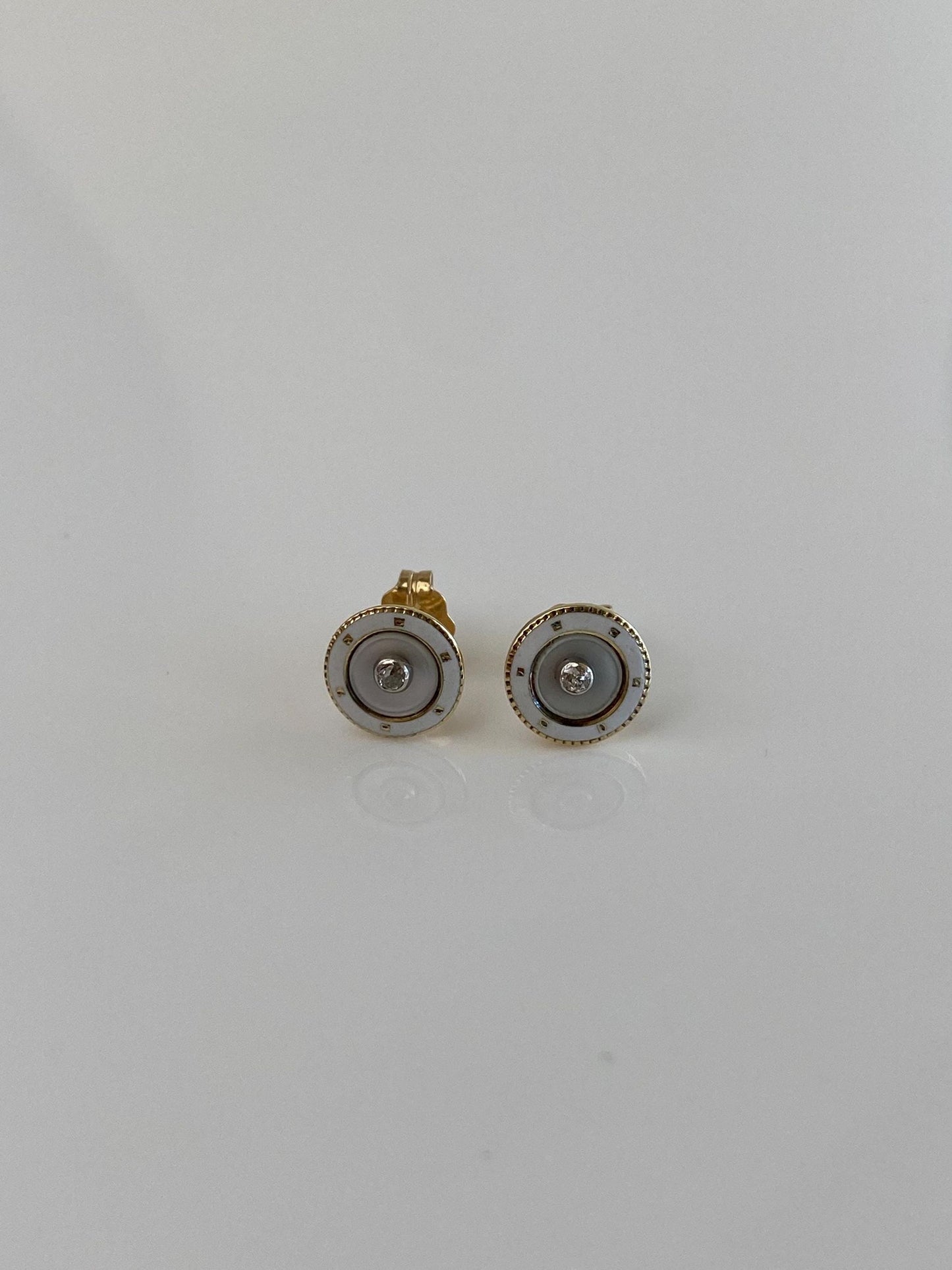 Vintage Solid 14k Yellow Gold White Enamel Mother of Pearl Diamond Tie Tack Conversion Stud Earrings