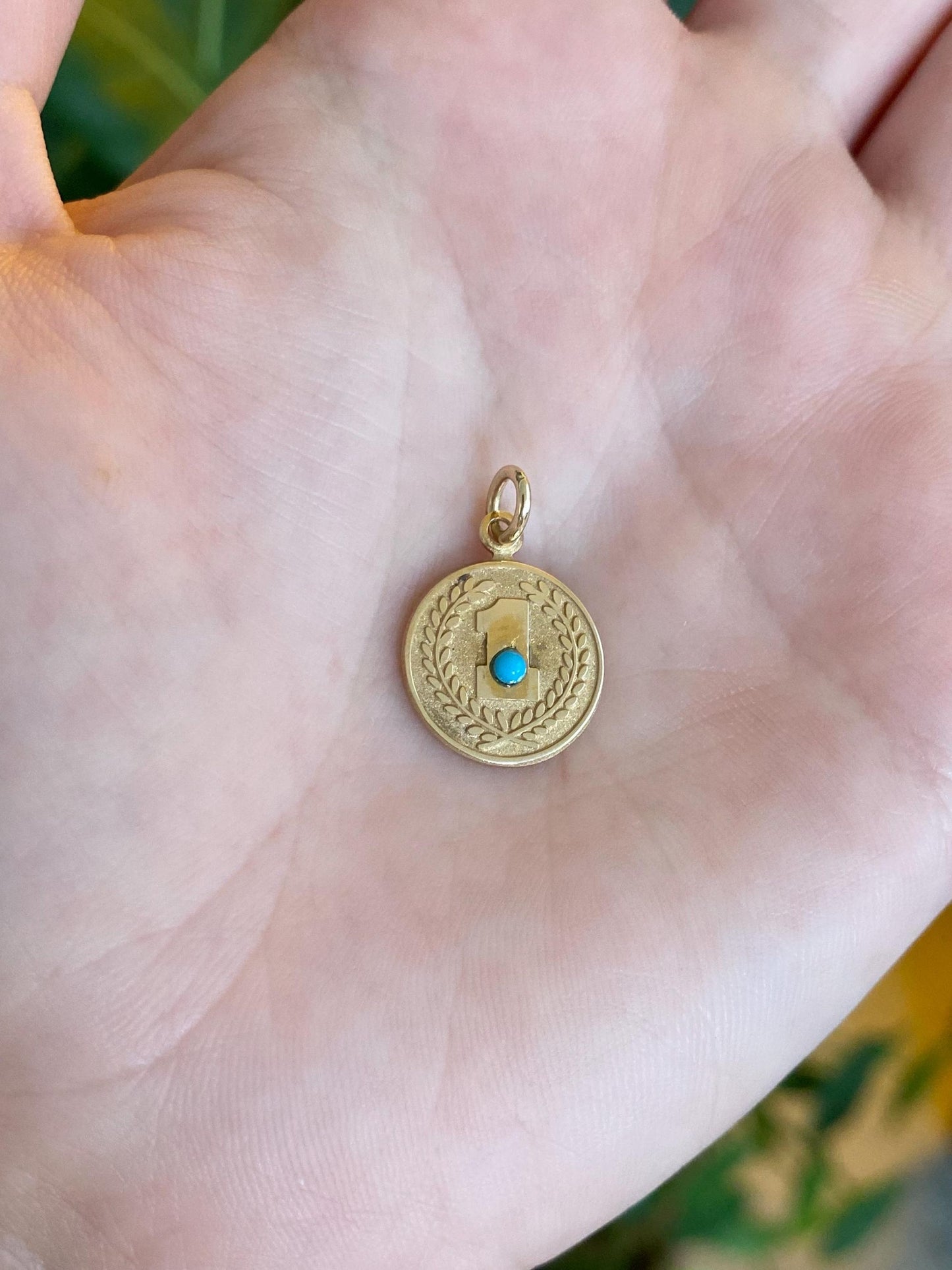 Vintage Solid 14k Yellow Gold Turquoise #1 Wheat Border Charm