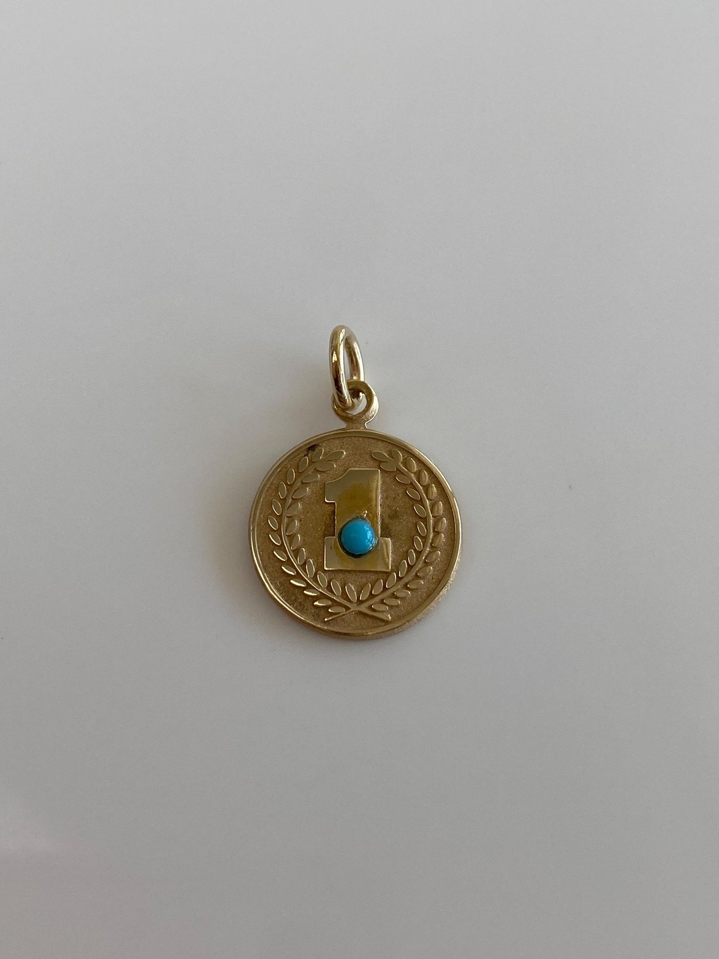 Vintage Solid 14k Yellow Gold Turquoise #1 Wheat Border Charm
