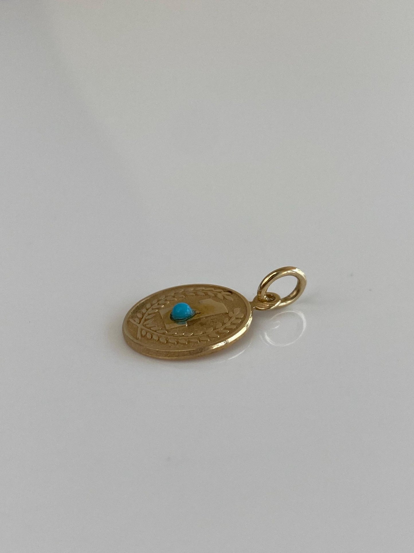 Vintage Solid 14k Yellow Gold Turquoise #1 Wheat Border Charm